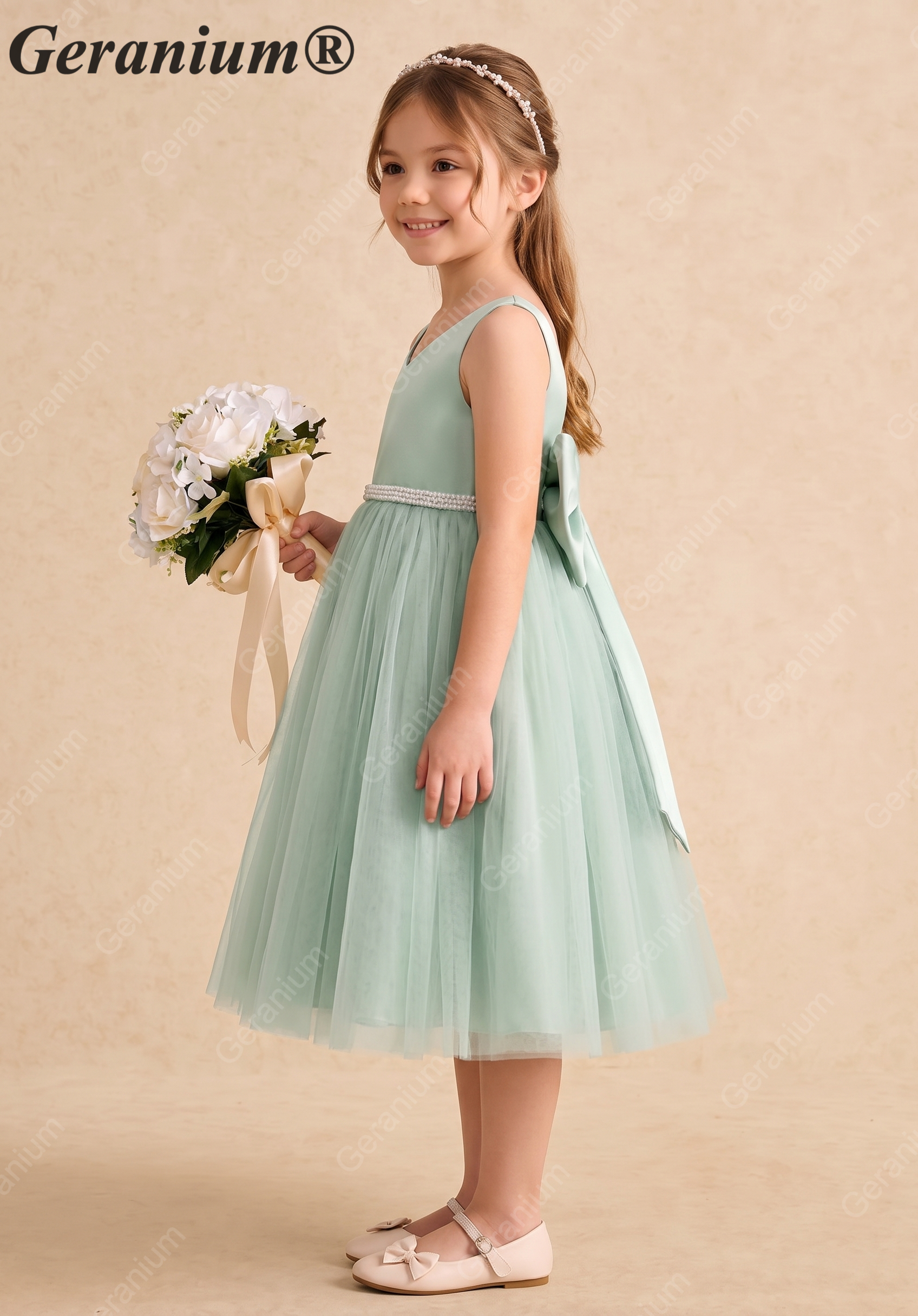 Geranium Elegant Sage Green Flower Girl Dress with Oversized Back Bow and Pearl Waistband KD-232