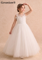 Geranium Elegant Floor-Length White Tulle Ball Gown for Girls with Sequin Appliques KD-236