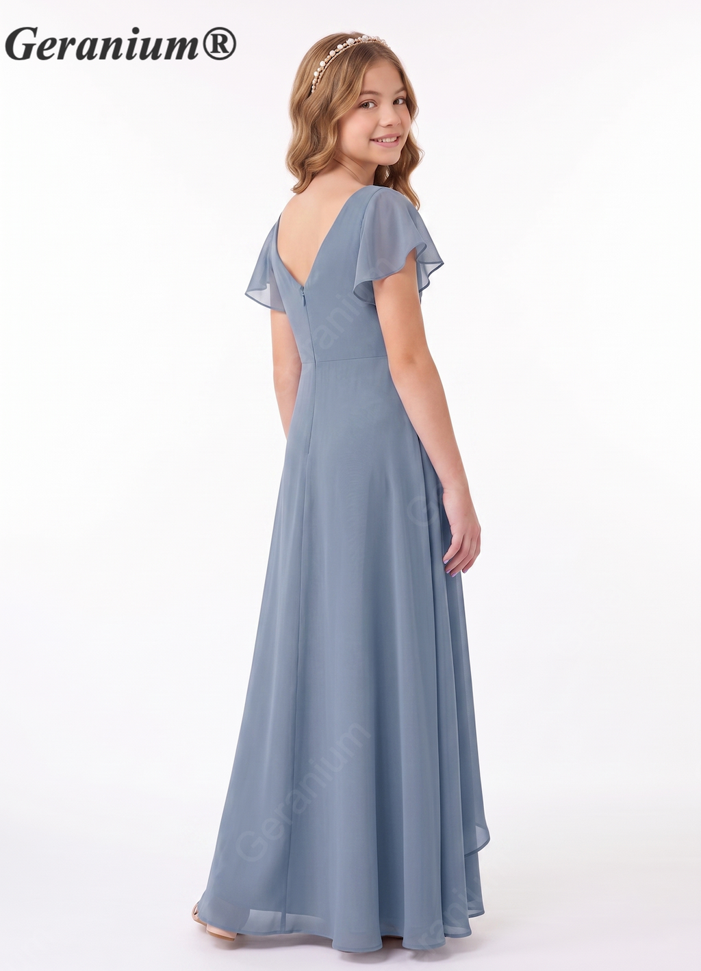 Geranium Dusty Blue Chiffon Flutter Sleeve Bridesmaid Dress with V-Neck & Side Slit KD-149