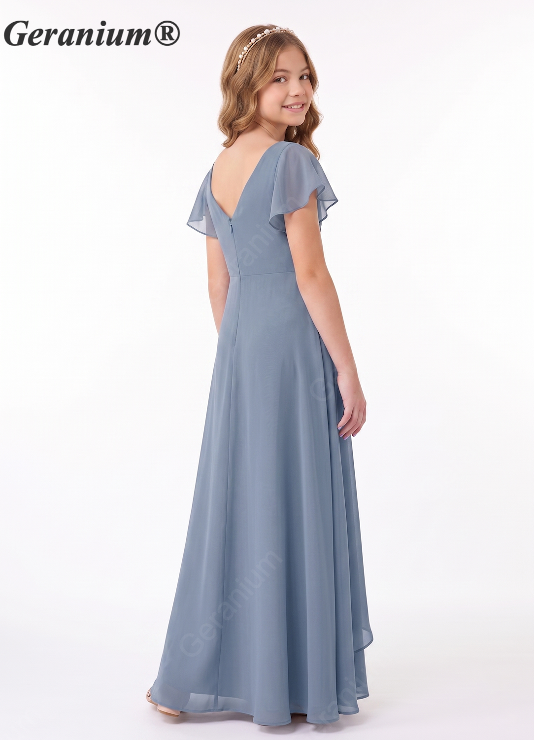 Geranium Dusty Blue Chiffon Flutter Sleeve Bridesmaid Dress with V-Neck & Side Slit KD-149