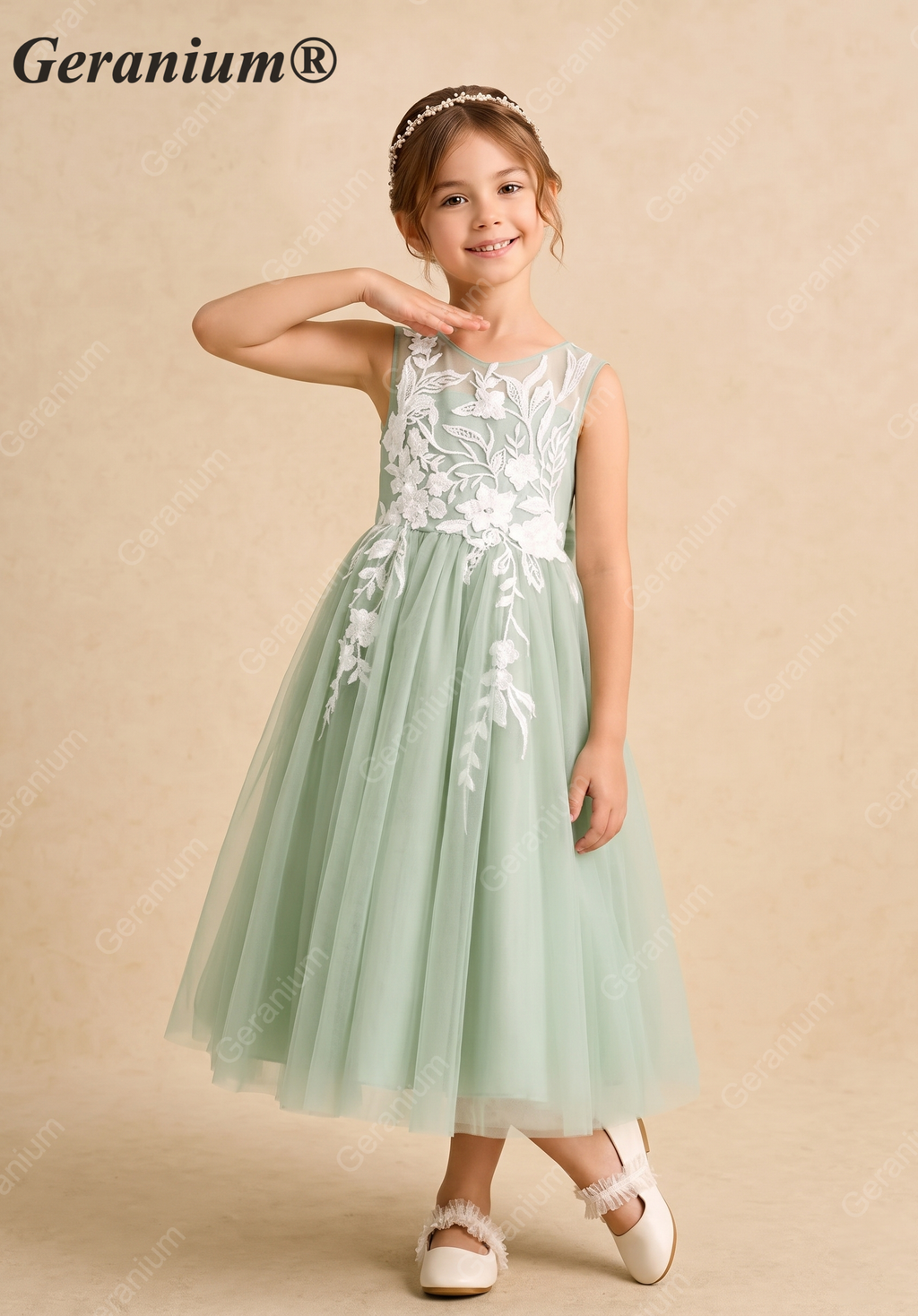 Garanium Sage Green Floral Embroidery Tulle Flower Girl Dress KD-201