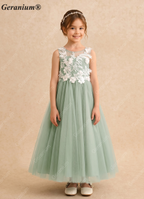 Geranium Enchanting Sage Green Tulle Flower Girl Dress with Floral Appliqués & Grand Bow Train KD-180
