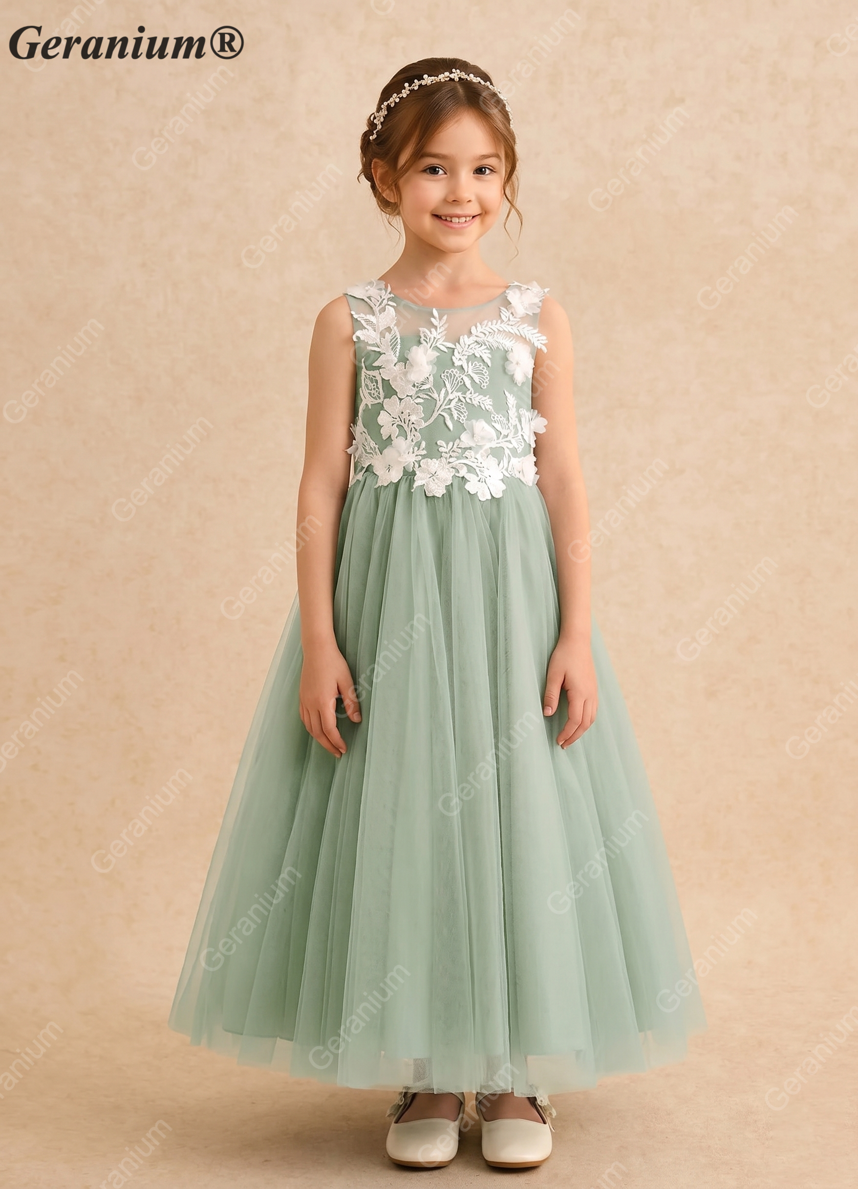 Geranium Enchanting Sage Green Tulle Flower Girl Dress with Floral Appliqués & Grand Bow Train KD-180
