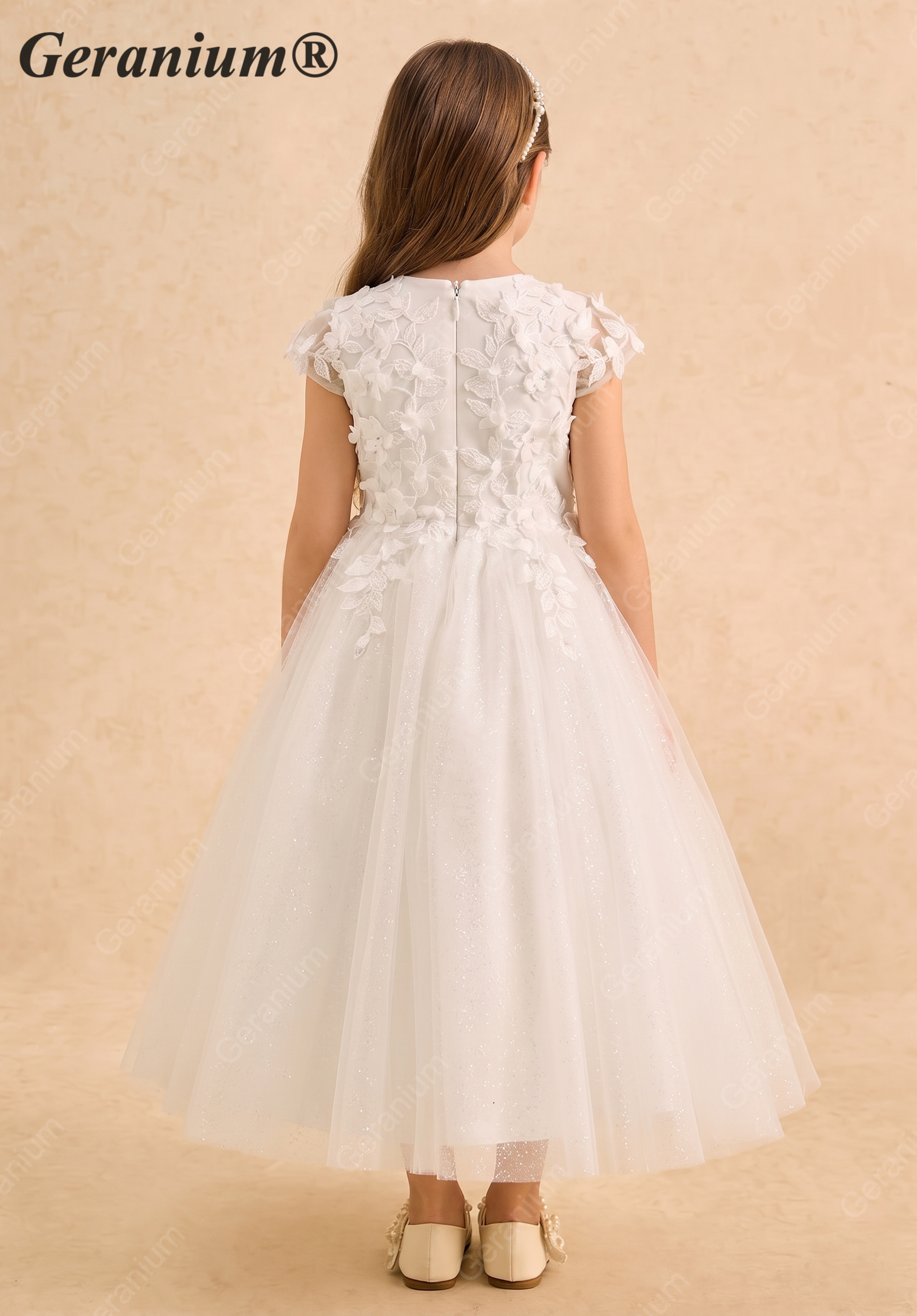 Geranium Elegant 3D Floral Applique Cap Sleeve Flower Girl Dress - Ankle Length Tulle Gown KD-234