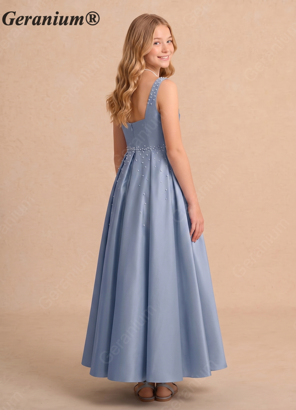 Geranium Elegant Dusty Blue Satin Flower Girl Dress - Pearl Beaded Junior Bridesmaid Gown KD-299
