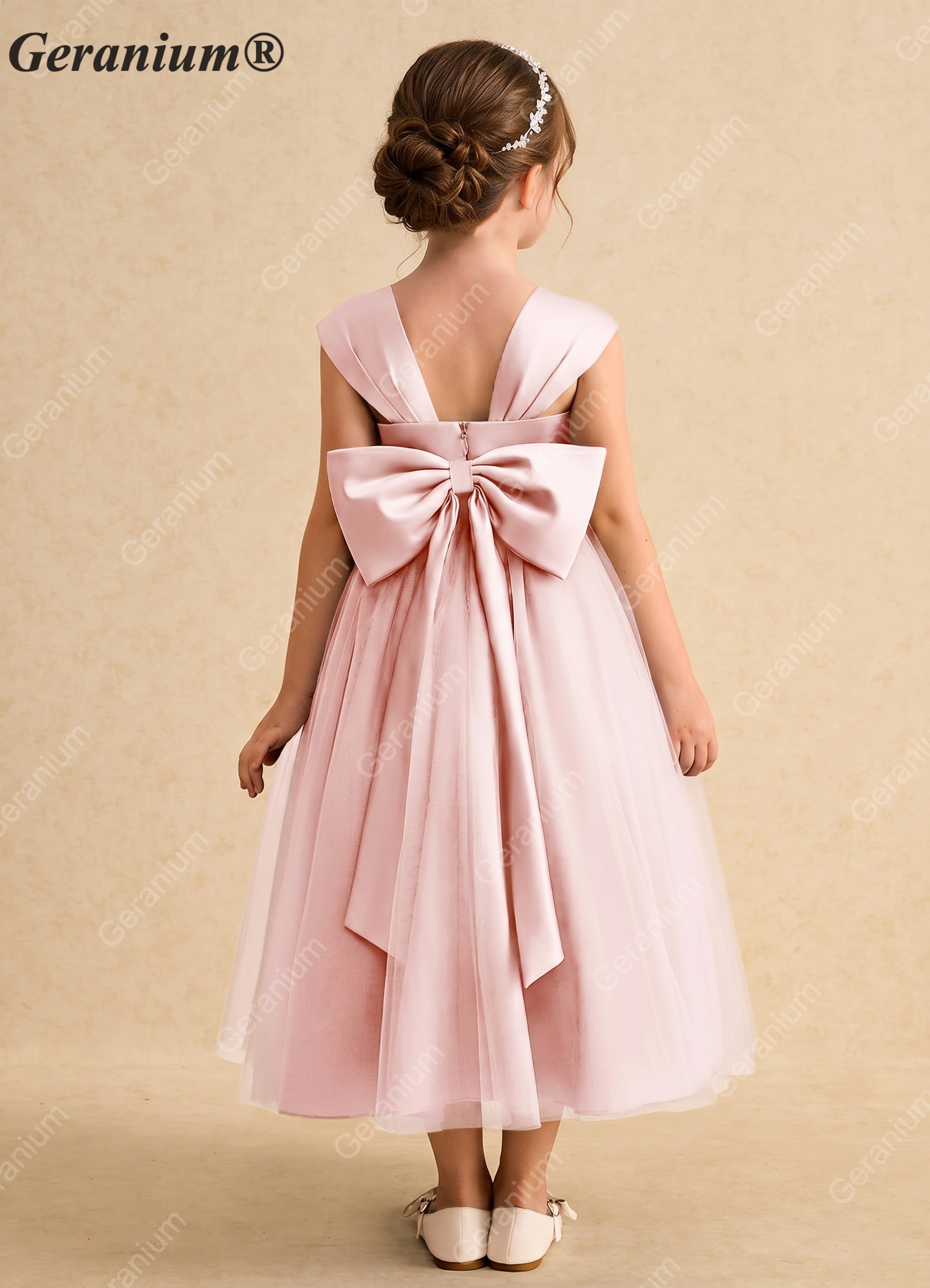 Geranium Blush Pink Satin & Tulle Flower Girl Ball Gown with Oversized Bow KD-184 Secondary image