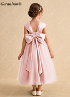 Geranium Elegant Backless Flower Girl Dress with Oversized Detachable Bow - Satin & Tulle Princess Gown KD-184