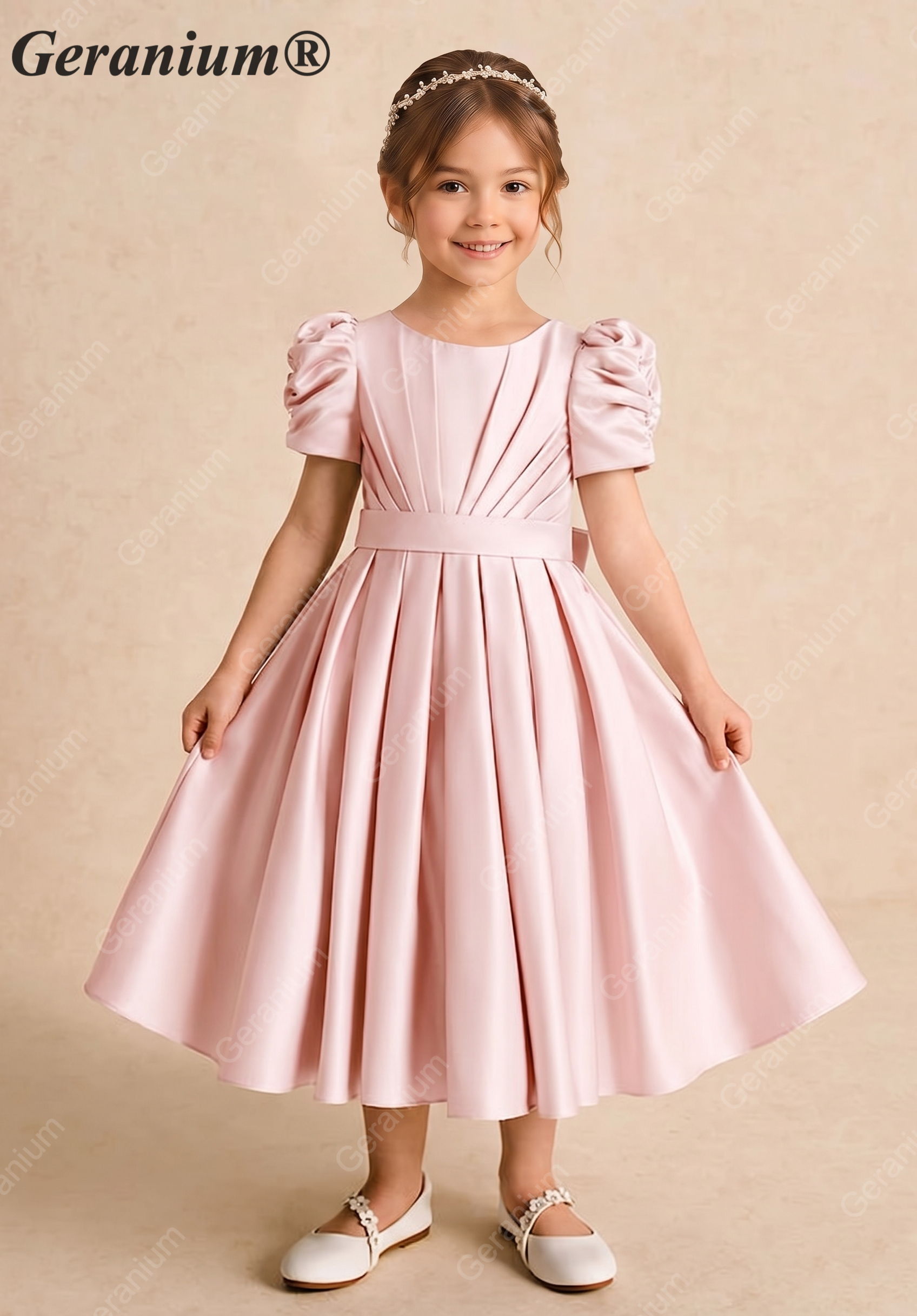 Geranium Elegant Puff Sleeve Satin Flower Girl Dress with Back Bow - Pink Formal Party Gown for Kids KD-254 Main image