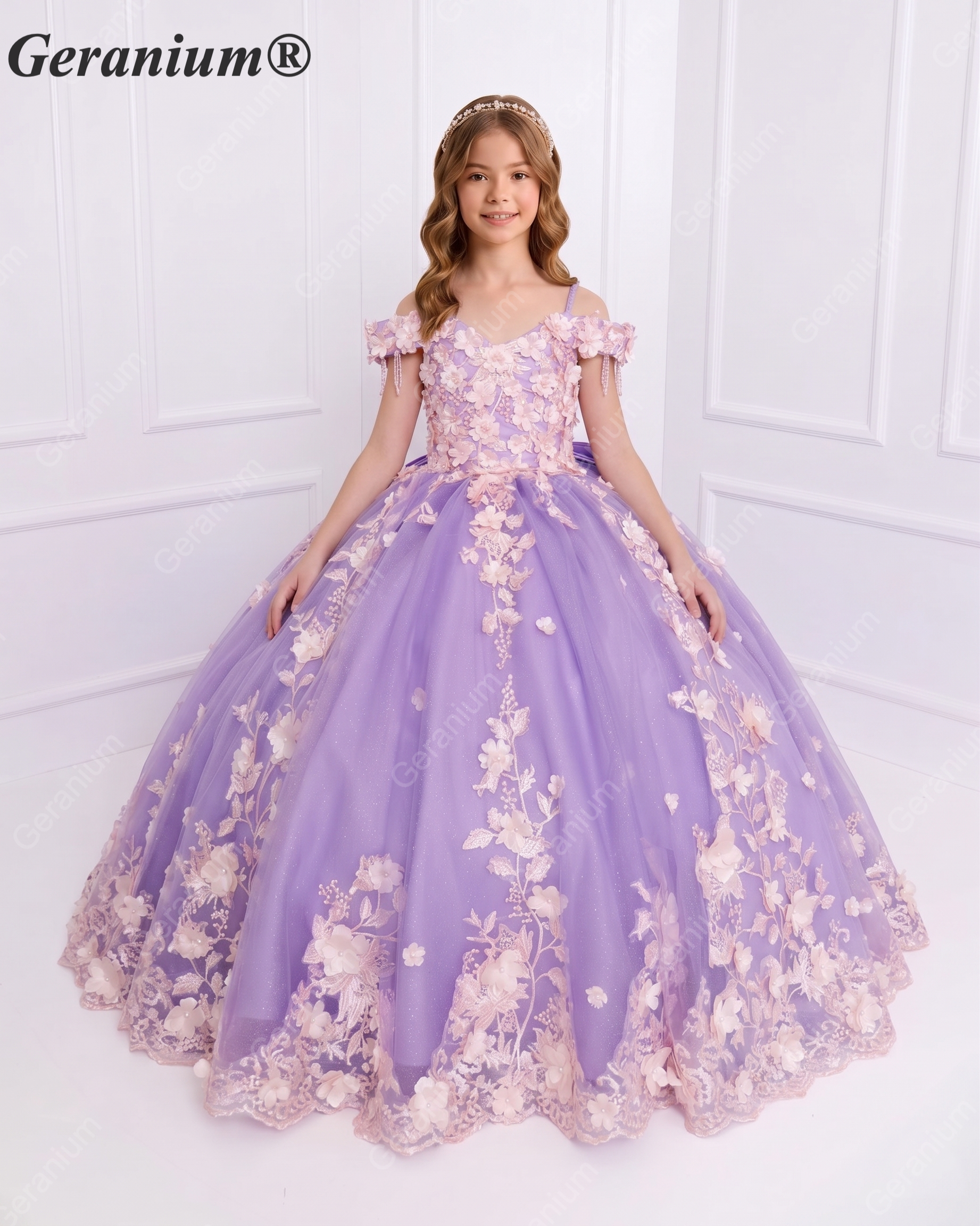Geranium Elegant Lavender 3D Floral Off-Shoulder Girls Ball Gown Princess Dress KD-382