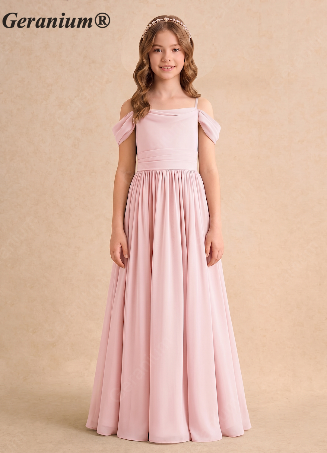 Geranium Elegant Blush Pink Chiffon Cold-Shoulder Junior Bridesmaid Dress with Draped Back KD-171 Main image