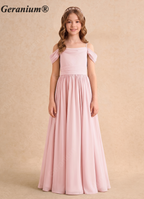 Geranium Elegant Blush Pink Chiffon Cold-Shoulder Junior Bridesmaid Dress with Draped Back KD-171