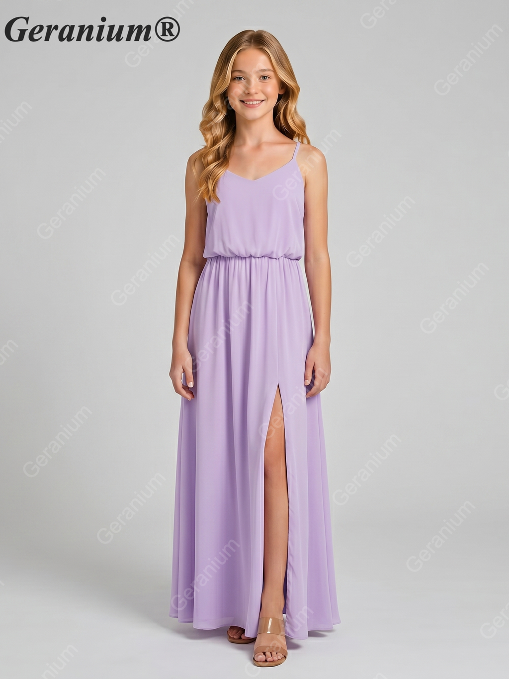 Geranium Elegant Chiffon Spaghetti Strap Junior Bridesmaid Dress with Leg Slit KD-314