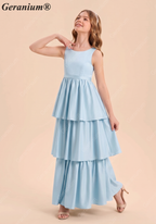 Geranium Elegant Dusty Blue Tiered Chiffon Junior Bridesmaid Dress with Bow Back – Sleeveless A-Line Floor Length KD-64