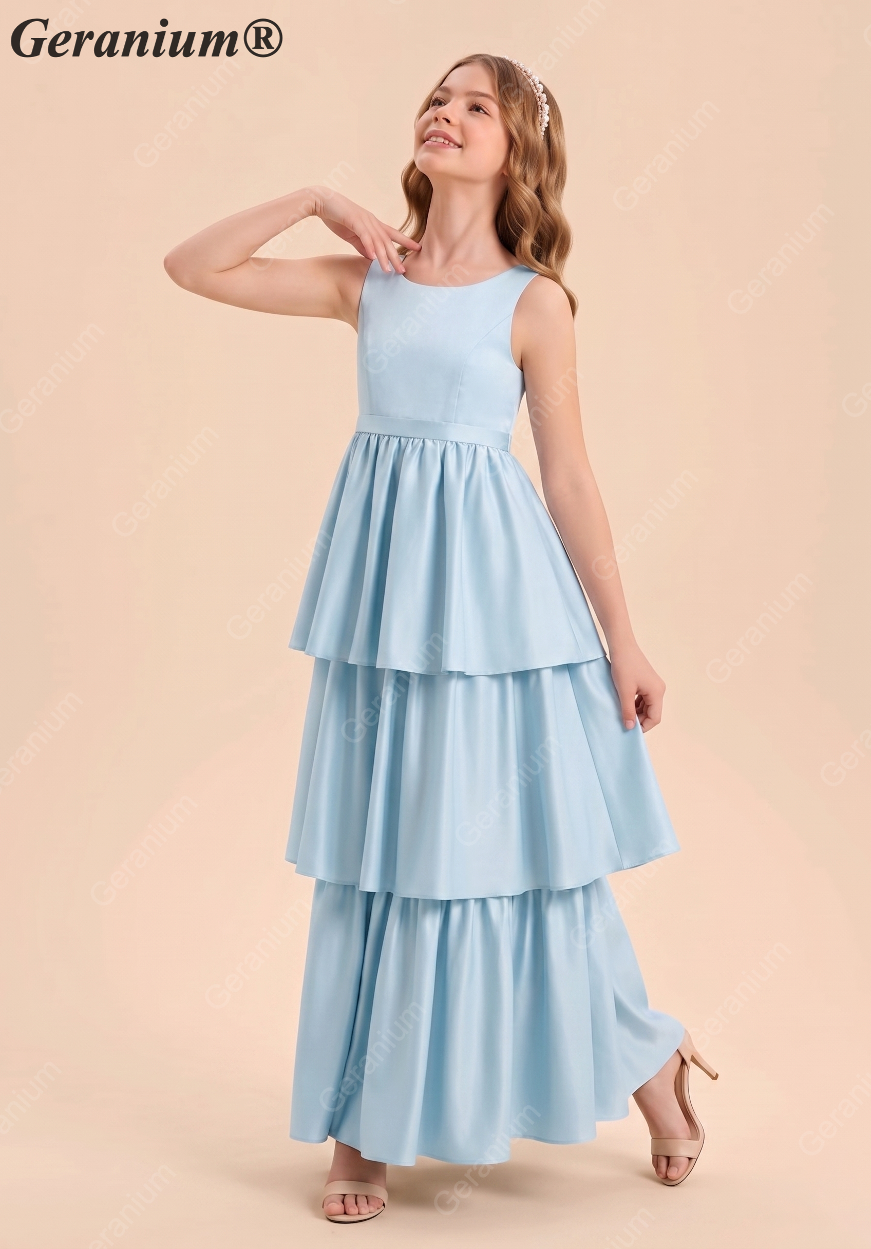 Geranium Elegant Dusty Blue Tiered Chiffon Junior Bridesmaid Dress with Bow Back – Sleeveless A-Line Floor Length KD-64
