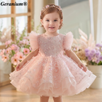 Geranium Sparkling Butterfly Sequined Toddler Formal Dress - Ethereal Feather Sleeve Birthday Gown with Oversized Back Bow KD-362