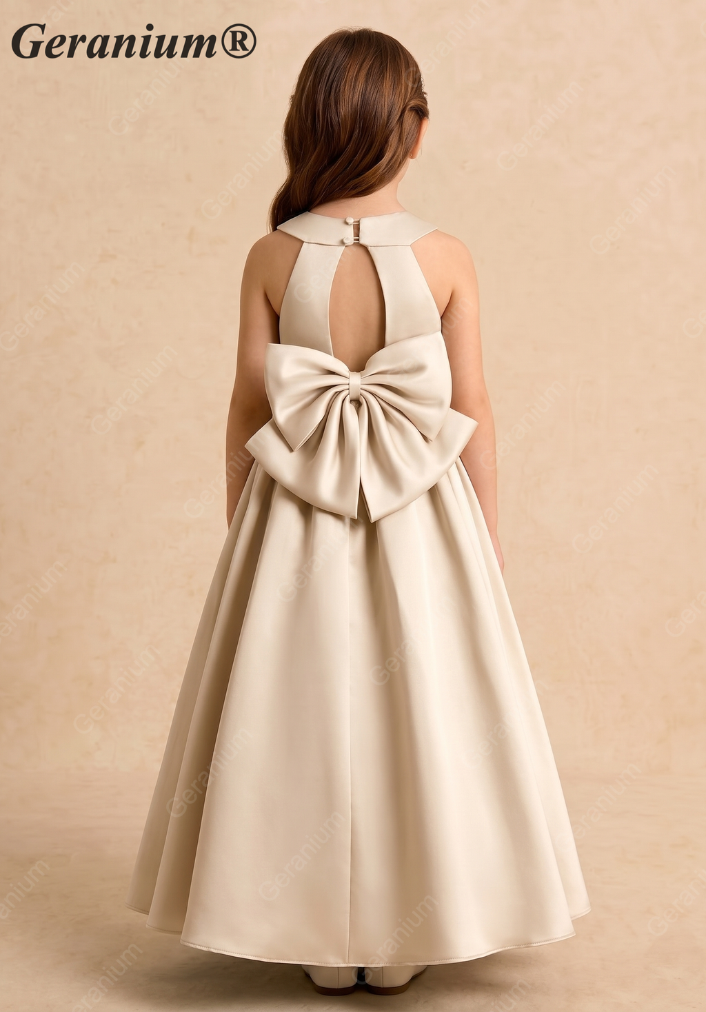Geranium Elegant Champagne Satin Flower Girl Dress - Backless A-Line Princess Gown with Detachable Bow KD-302