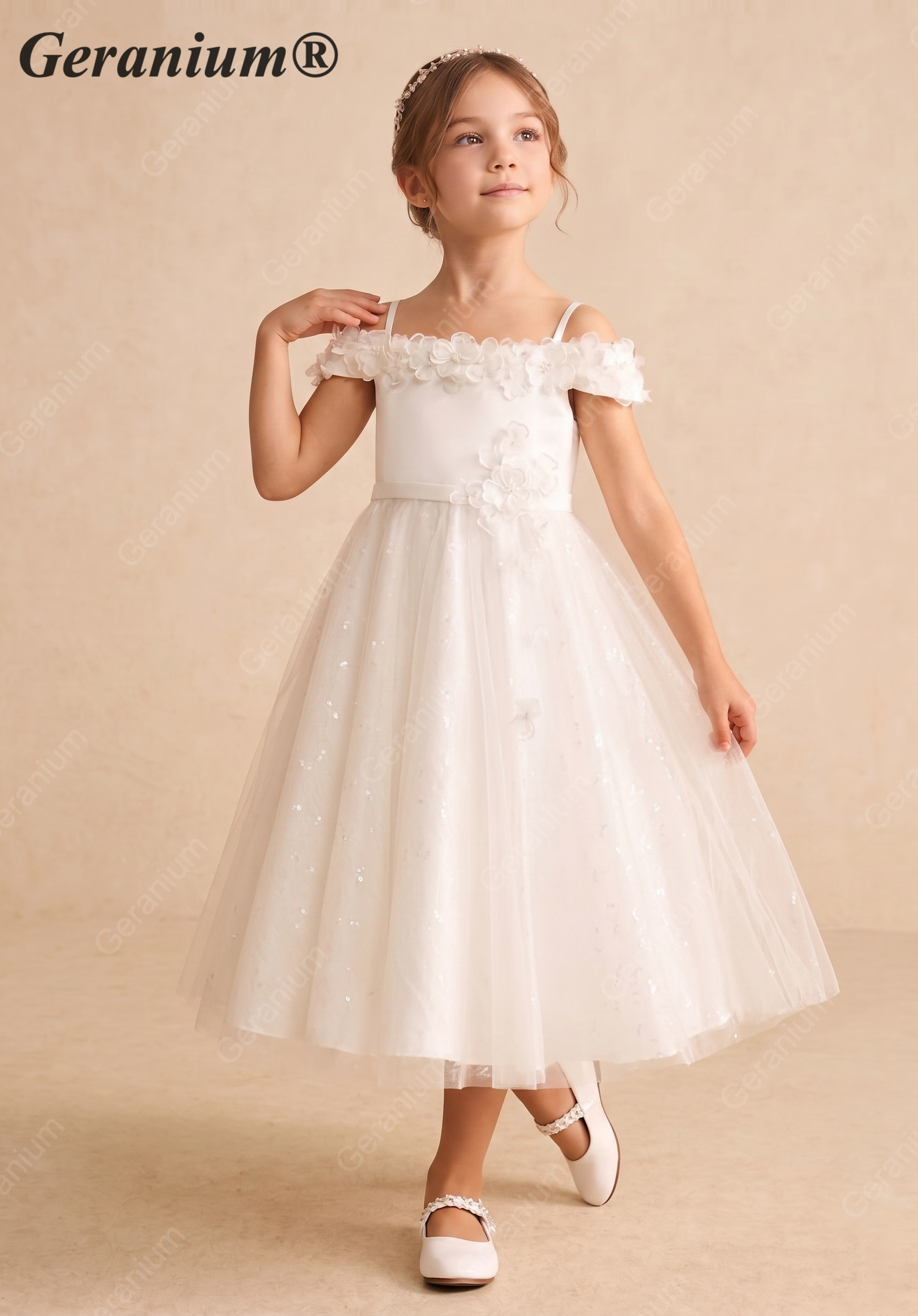 Geranium 2-in-1 Off-the-Shoulder Flower Girl Dress with 3D Floral Appliques & Tulle Skirt KD-233 Main image