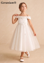 Geranium 2-in-1 Off-the-Shoulder Flower Girl Dress with 3D Floral Appliques & Tulle Skirt KD-233
