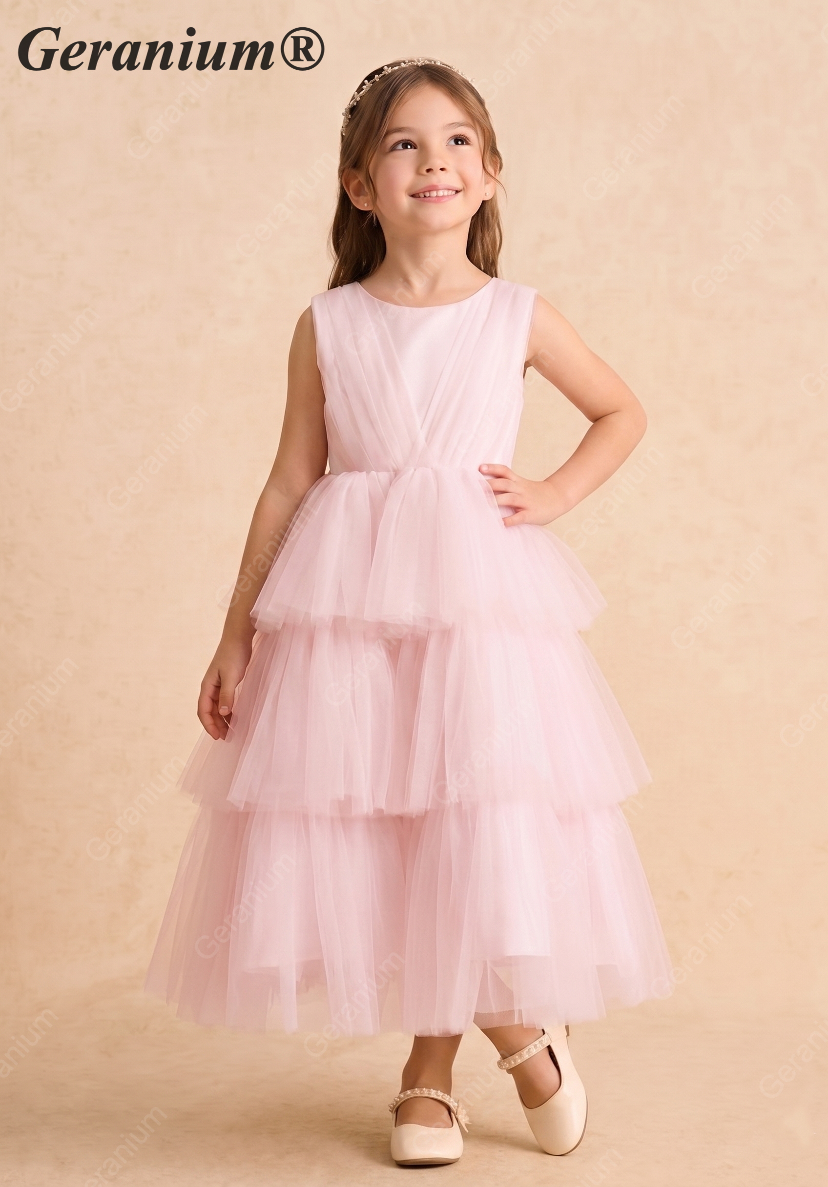 Geranium Tiered Tulle Flower Girl Dress with Satin Bow - Sleeveless Pink Party Gown for Kids KD-296 Main image