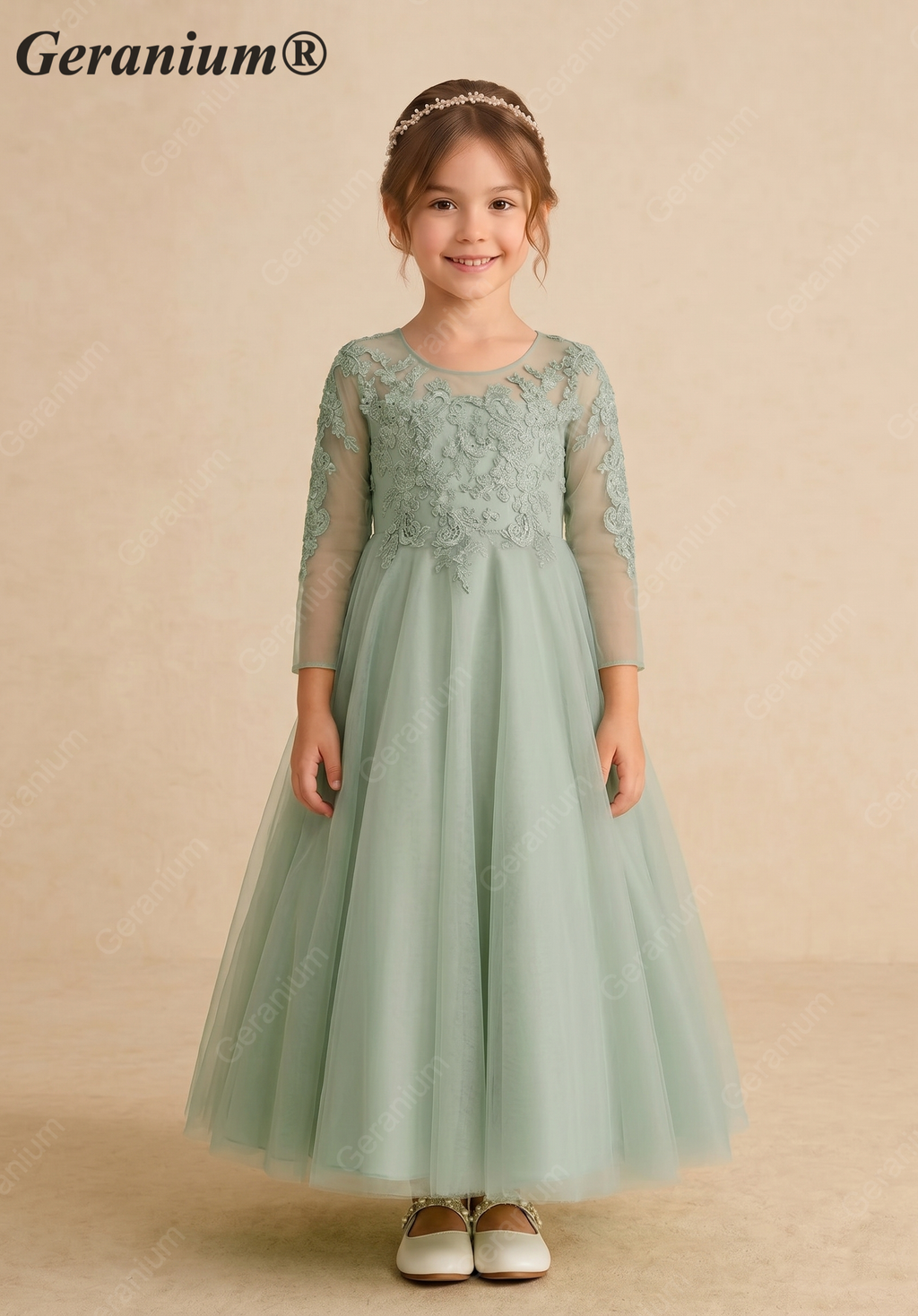 Geranium Sage Green Lace Applique Long Sleeve Flower Girl Dress - Heart Cut-out Back Tulle Princess Gown KD-289