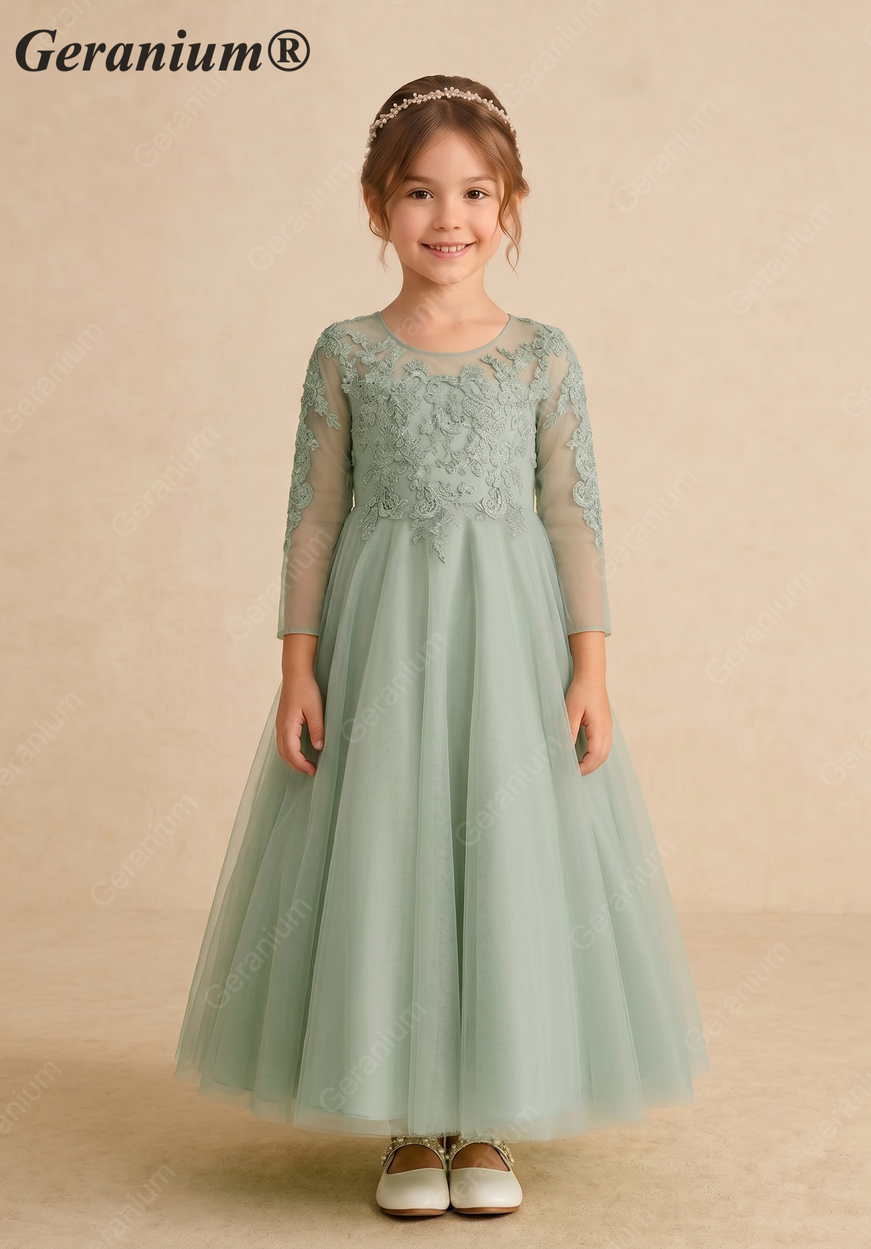 Geranium Sage Green Lace Applique Long Sleeve Flower Girl Dress - Heart Cut-out Back Tulle Princess Gown KD-289