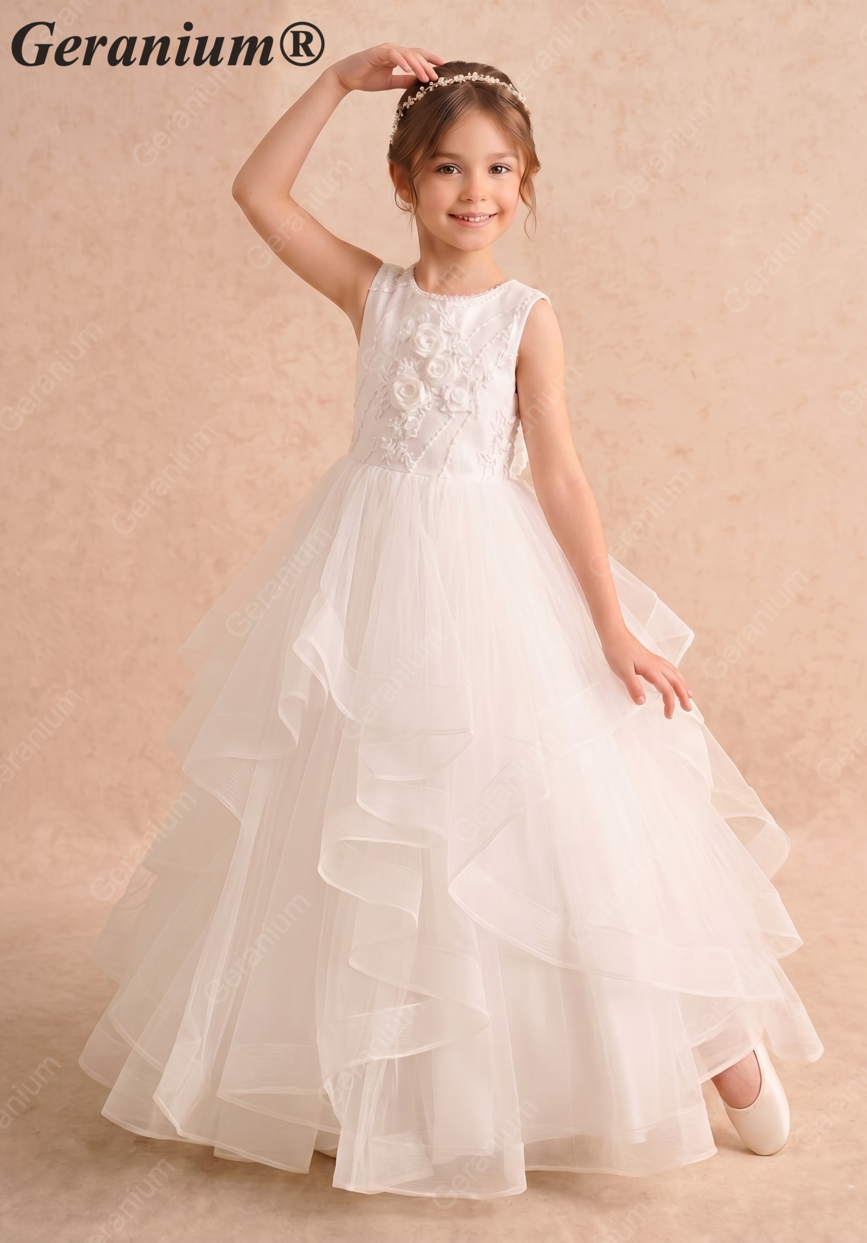 Geranium Elegant Pearl Back Tiered Tulle Flower Girl Dress - Luxury Communion & Birthday Ball Gown KD-279