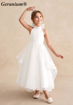 Geranium Elegant Halter Neck Satin Flower Girl Dress with Statement Back Bow & Tiered Tulle Skirt KD-193