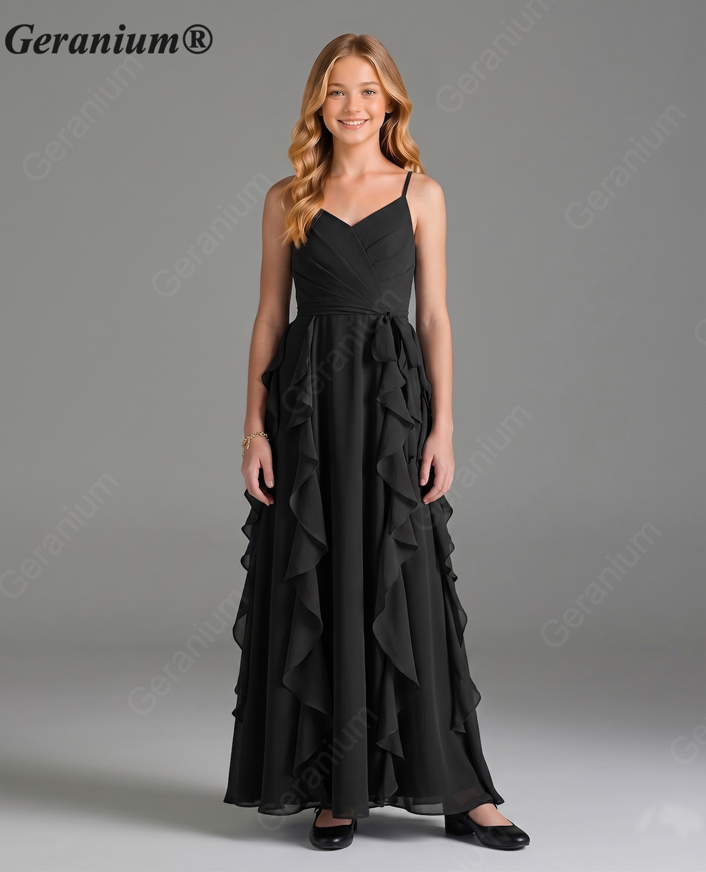 Geranium Sage Green Chiffon Junior Bridesmaid Dress with Ruffle Skirt – Spaghetti Strap V-Neck Teen Formal Dress KD-57