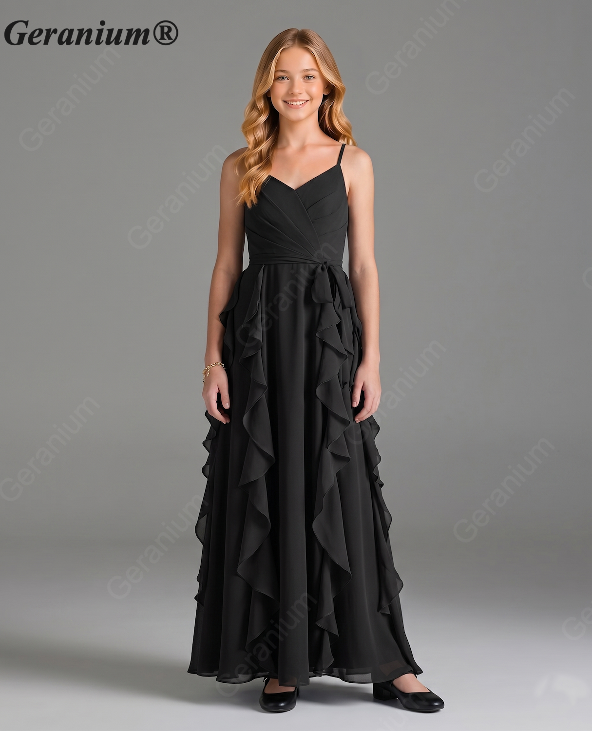 Geranium Sage Green Chiffon Junior Bridesmaid Dress with Ruffle Skirt – Spaghetti Strap V-Neck Teen Formal Dress KD-57
