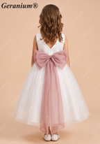 Geranium Elegant White Tulle Flower Girl Dress with Dusty Rose Sash & Oversized Back Bow KD-195