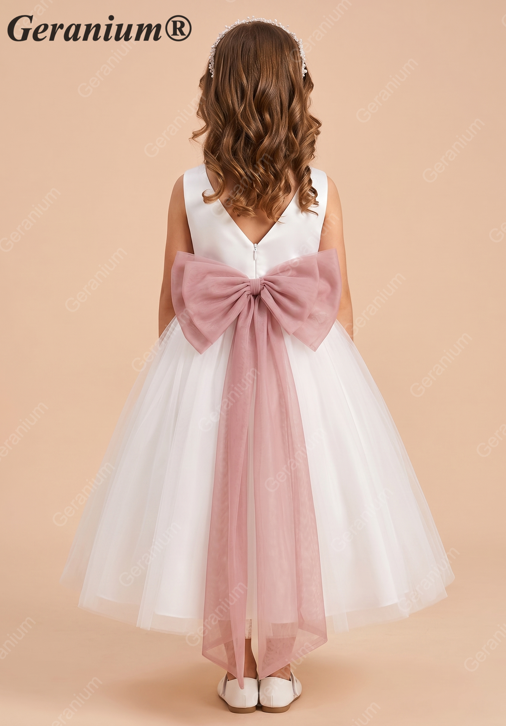 Geranium Elegant White Tulle Flower Girl Dress with Dusty Rose Sash & Oversized Back Bow KD-195