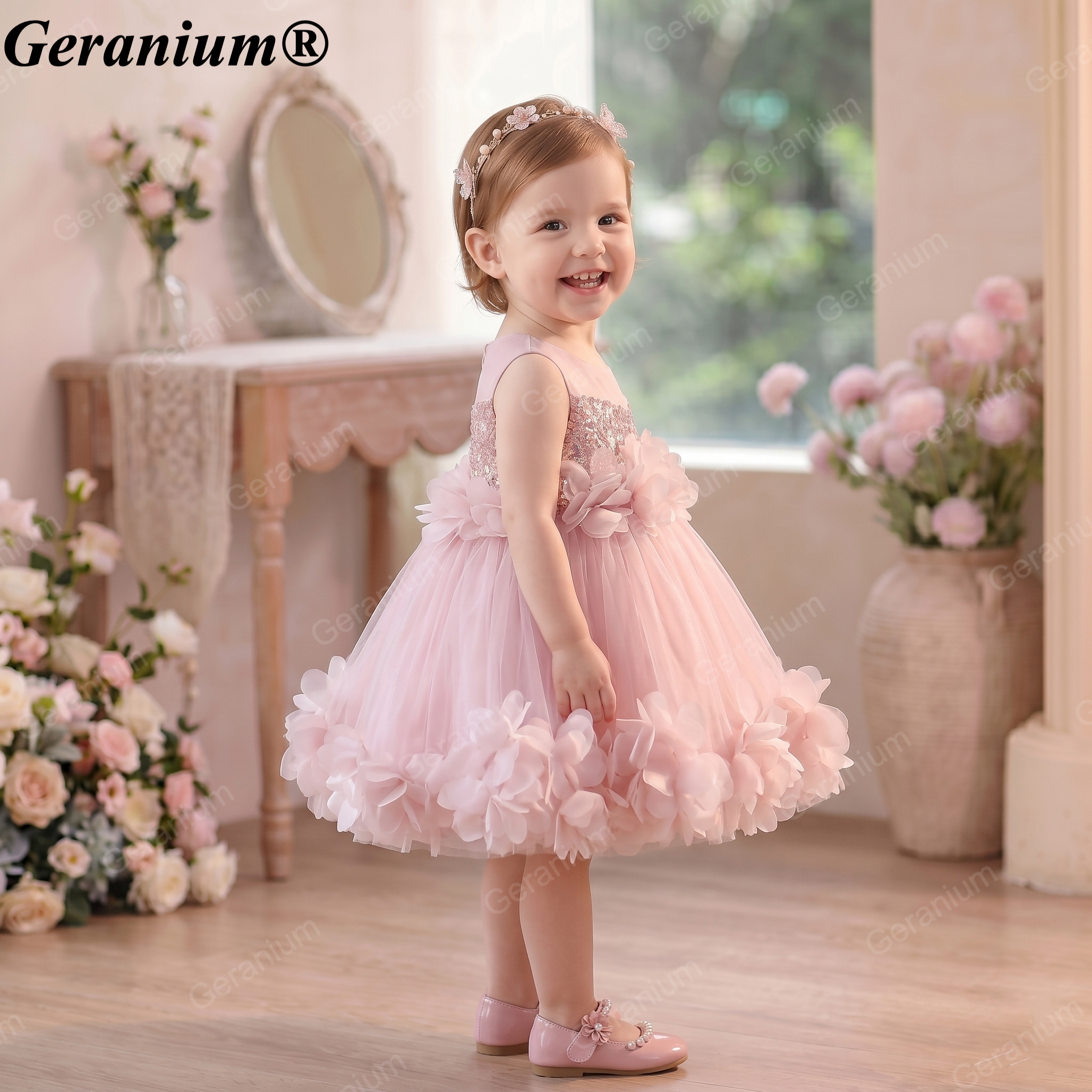 Geranium Toddler Girl Pink Sequin 3D Floral Petal Tulle Dress - Elegant Princess Ball Gown for Weddings & Birthdays KD-51