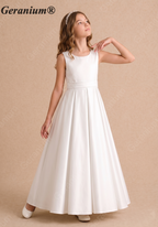 Geranium Elegant Satin A-Line Junior Bridesmaid Dress with Bow V-Back KD-197J