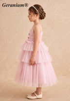 Geranium Girls' Pink Pleated Tulle Party Gown - Elegant Tiered Princess Dress for Weddings & Birthdays KD-243