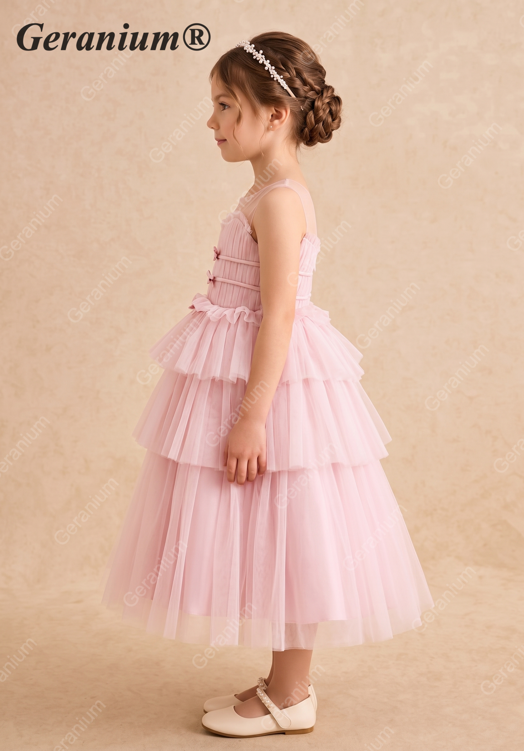 Geranium Girls' Pink Pleated Tulle Party Gown - Elegant Tiered Princess Dress for Weddings & Birthdays KD-243