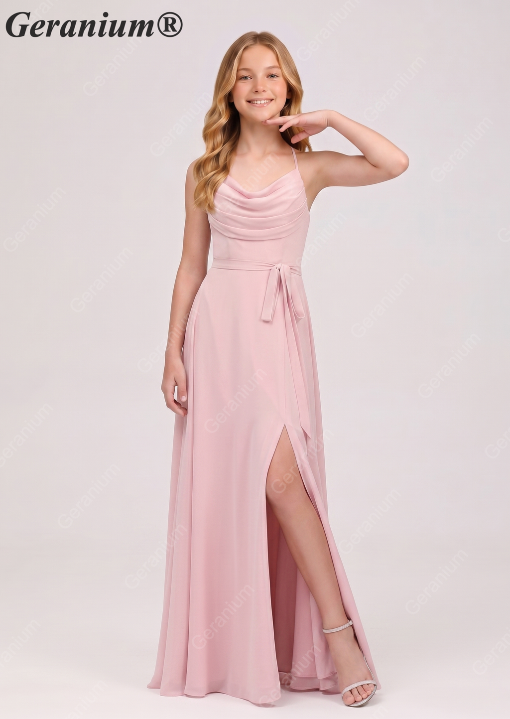 Geranium Elegant Cowl Neck Chiffon Junior Bridesmaid Dress with Side Slit KD-311