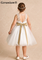 Geranium Elegant Lace Applique Flower Girl Dress - Illusion Back Tulle Tutu Party Gown with Champagne Sash KD-216