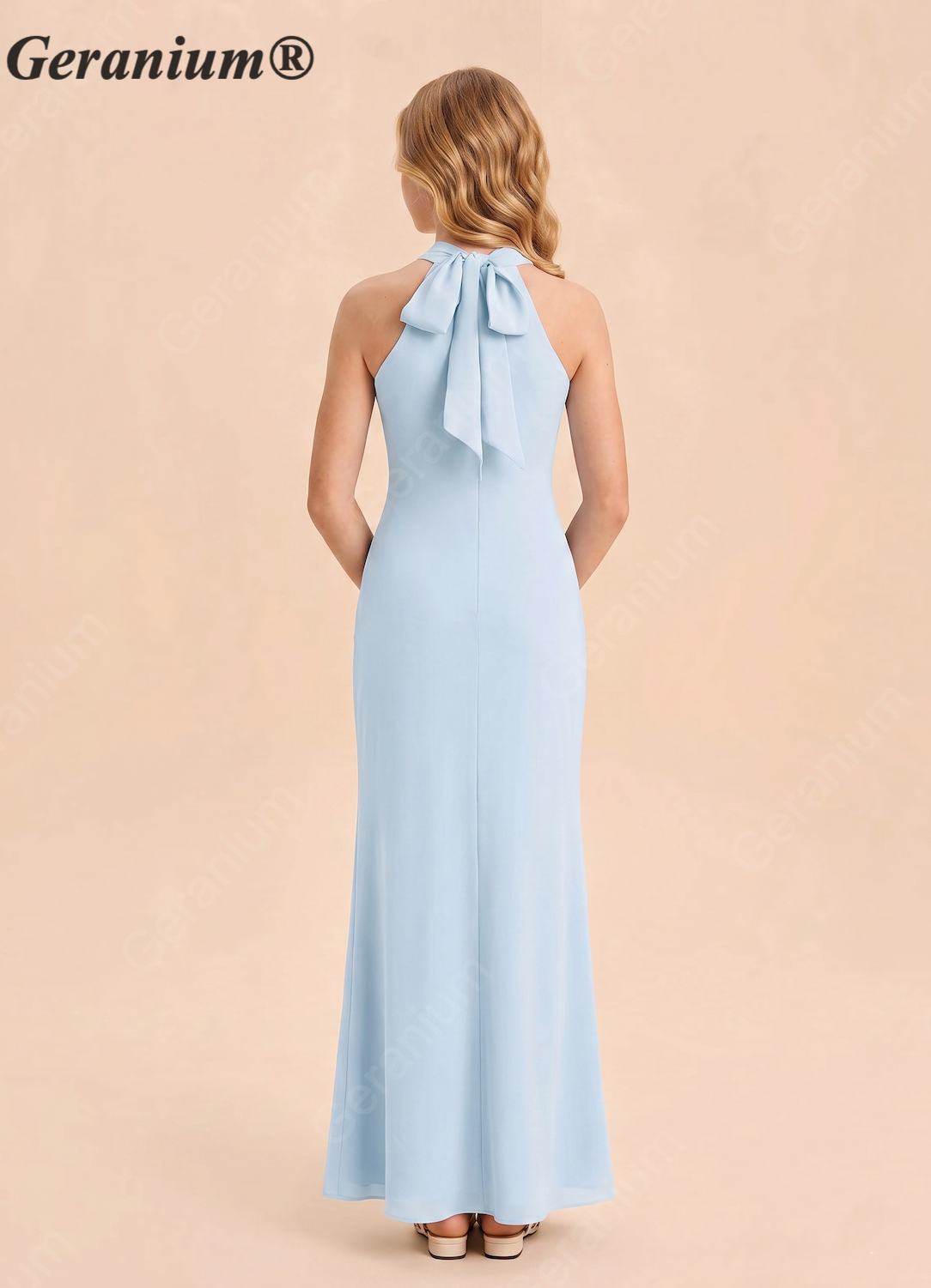 Geranium Light Blue Criss-Cross Halter Maxi Dress with Back Bow Detail KD-142