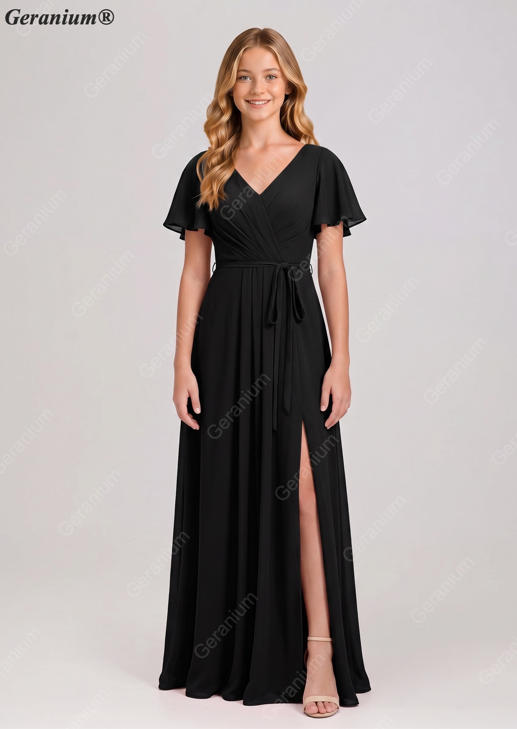 Geranium Elegant Chiffon V-Neck Flutter Sleeve Junior Bridesmaid Dress with Side Slit KD-310