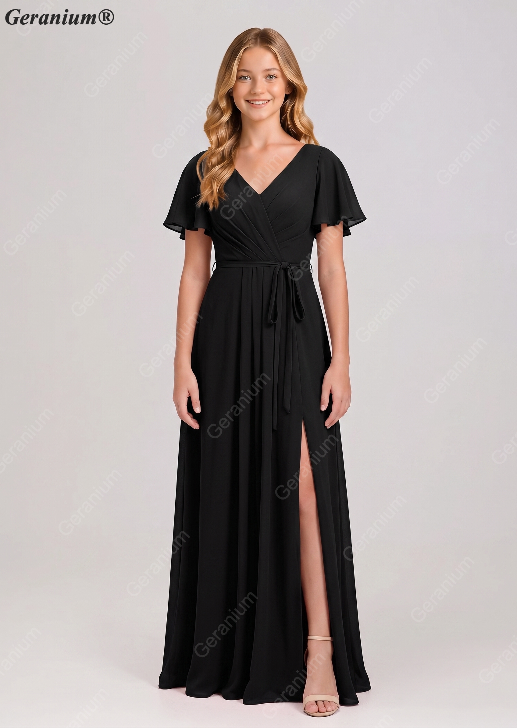 Geranium Elegant Chiffon V-Neck Flutter Sleeve Junior Bridesmaid Dress with Side Slit KD-310
