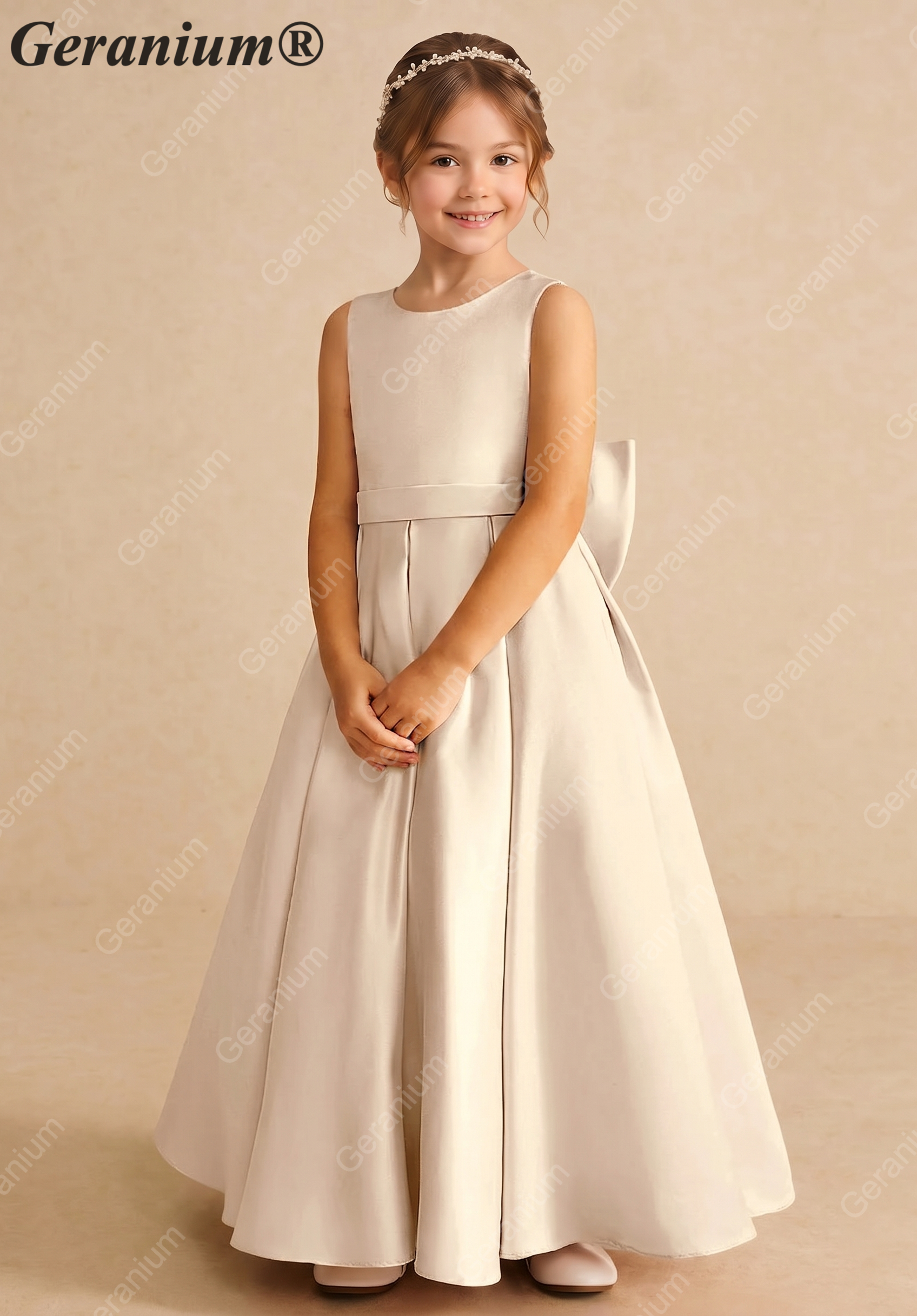 Geranium Elegant Champagne Satin Flower Girl Dress - Back Big Bow A-Line Communion & Party Gown KD-196 Secondary image