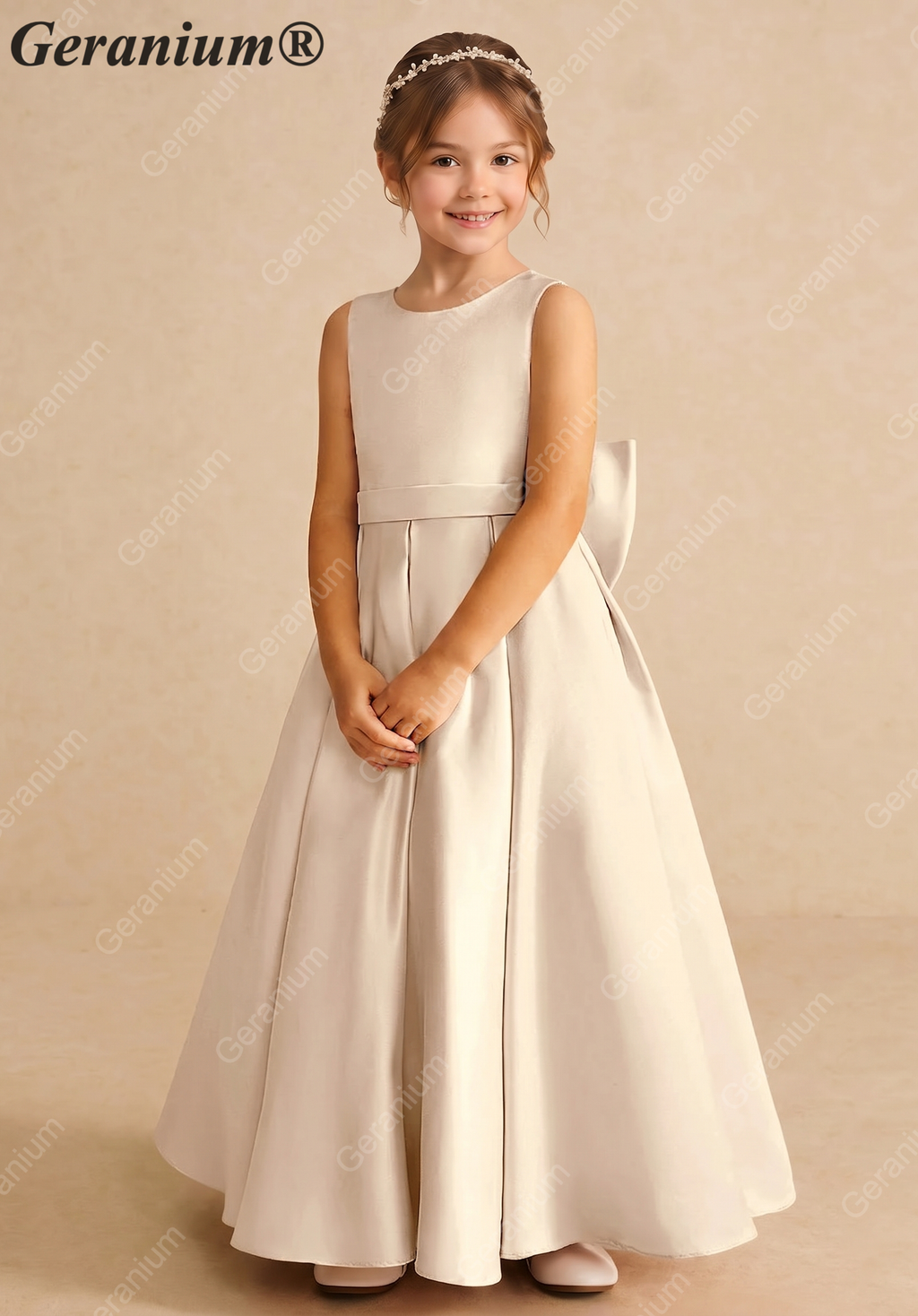 Geranium Elegant Champagne Satin Flower Girl Dress - Back Big Bow A-Line Communion & Party Gown KD-196
