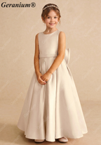 Geranium Elegant Champagne Satin Flower Girl Dress - Back Big Bow A-Line Communion & Party Gown KD-196